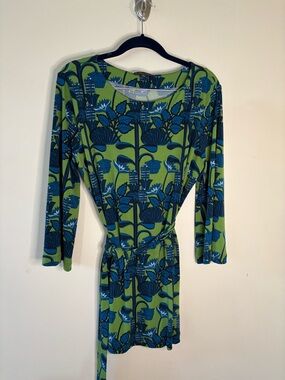 BROOKS BROTHERS belted TUNIC TOP size large BLUE /GREEN botanical print